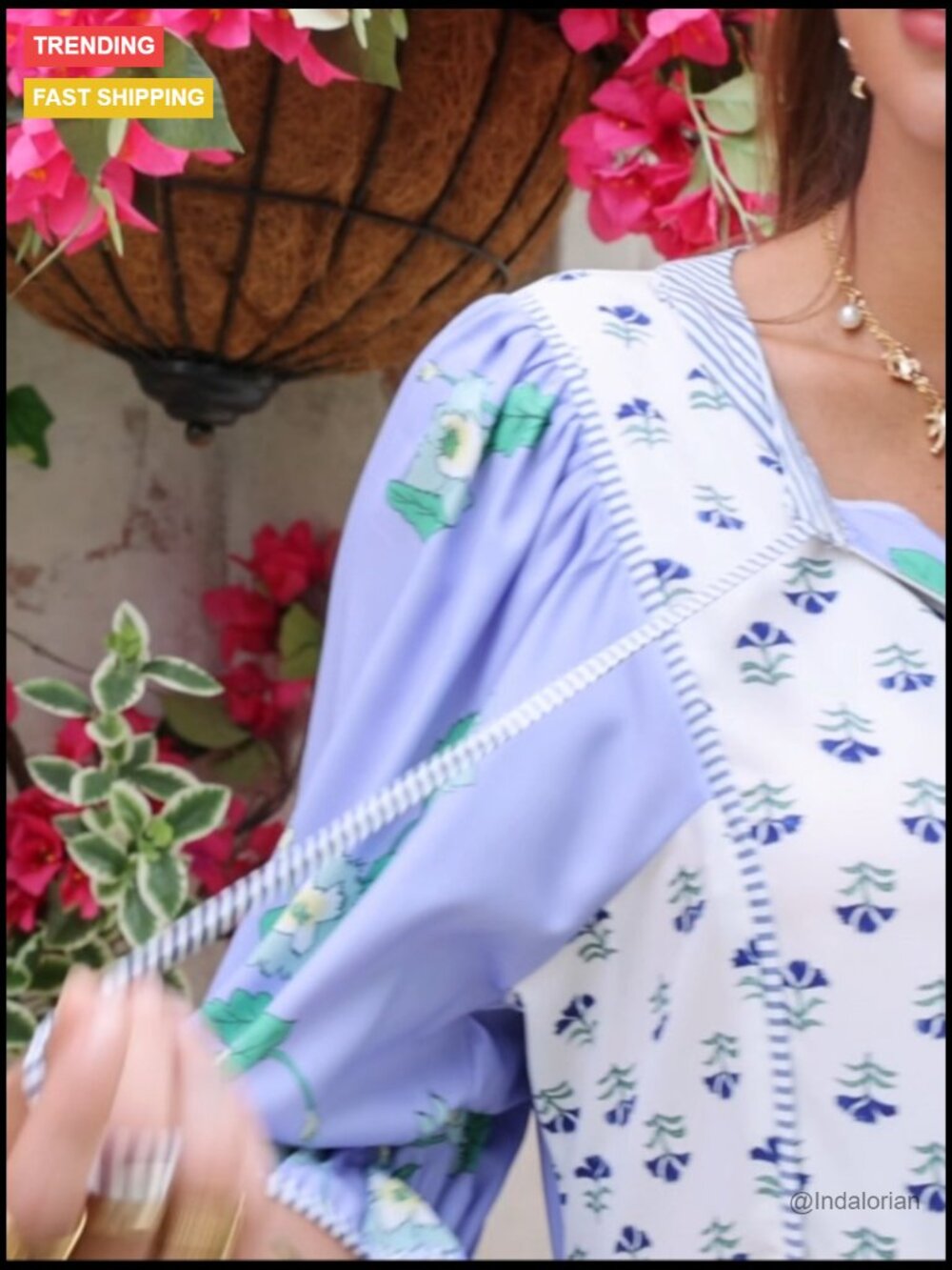 Floral Mini Dress with Puff Sleeves, V-Neck, and Patchwork Detail - Picture 7 of 7